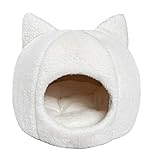 Katzenhöhle Katzenbett Iglu Haustiernest faltbar für Katzen oder kleinere Hunde, sehr weiches, Flauschiges Kunstfell mit Katzenohren, weiß, L38xB38xH35 cm
